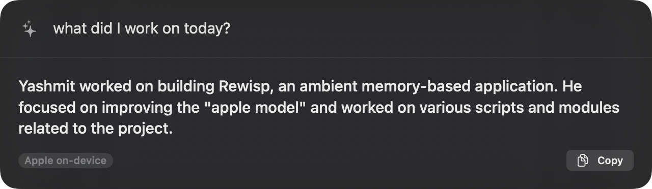 Search panel answering a question from screen history, on-device