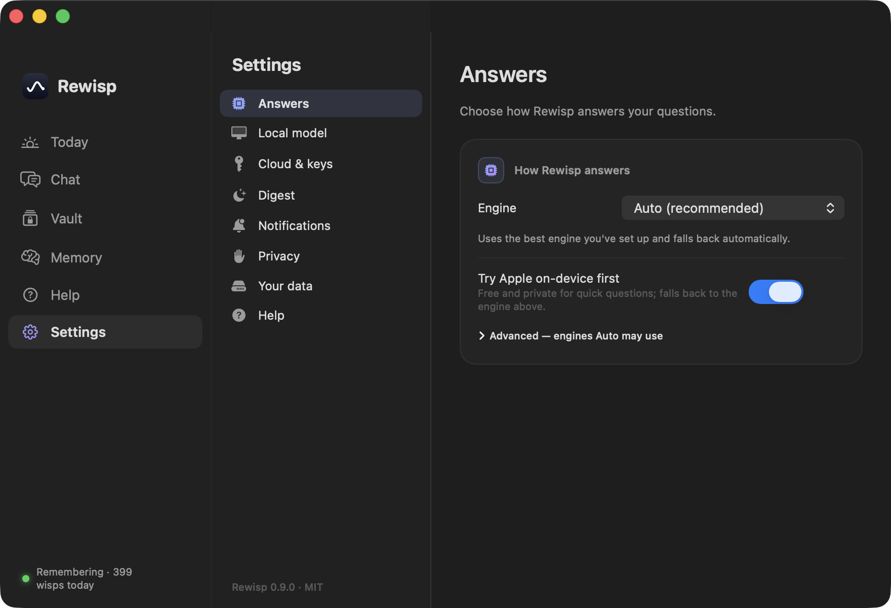 Answers settings